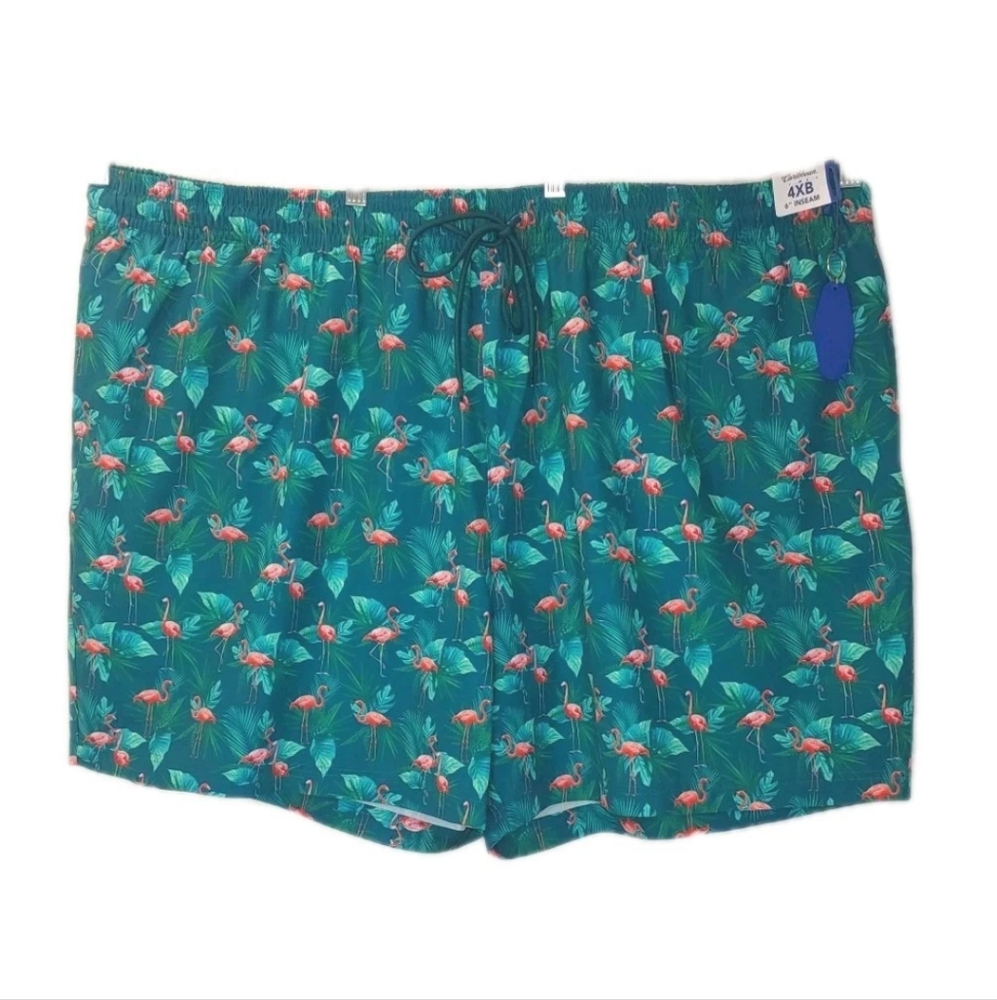 Caribbean Pink Flamigo Swim Trucks Men 4XB Beachy Tropical Green Palm Leaf Nwt